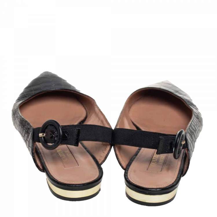 Pre Owned Aquazzura Black Croc Embossed Leather Slingback Sandals Size 36.5
