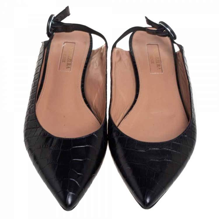 Pre Owned Aquazzura Black Croc Embossed Leather Slingback Sandals Size 36.5