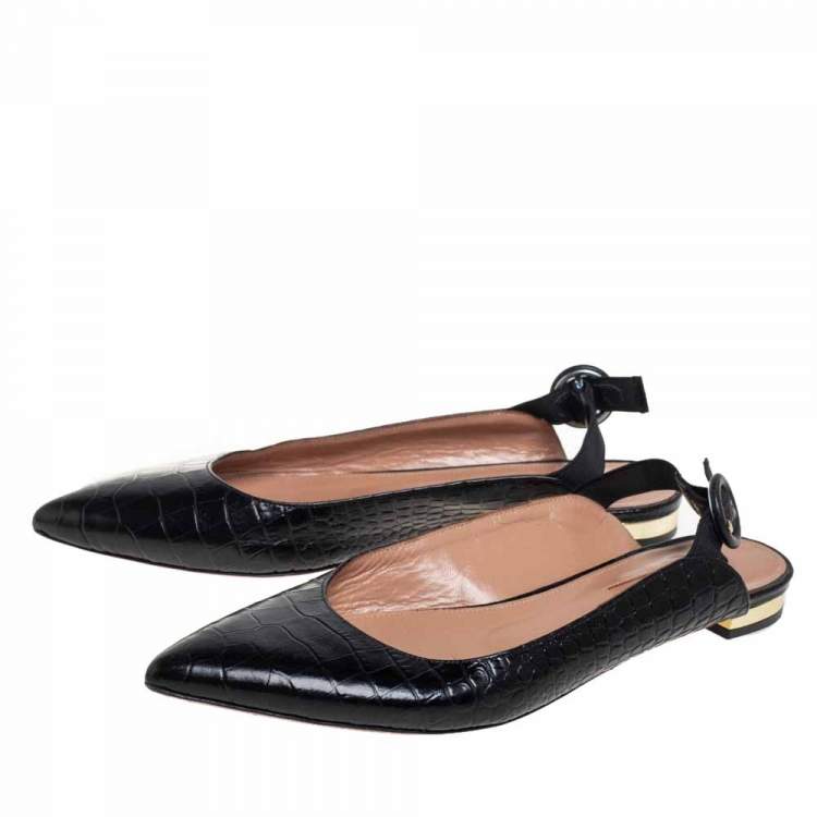 Pre Owned Aquazzura Black Croc Embossed Leather Slingback Sandals Size 36.5