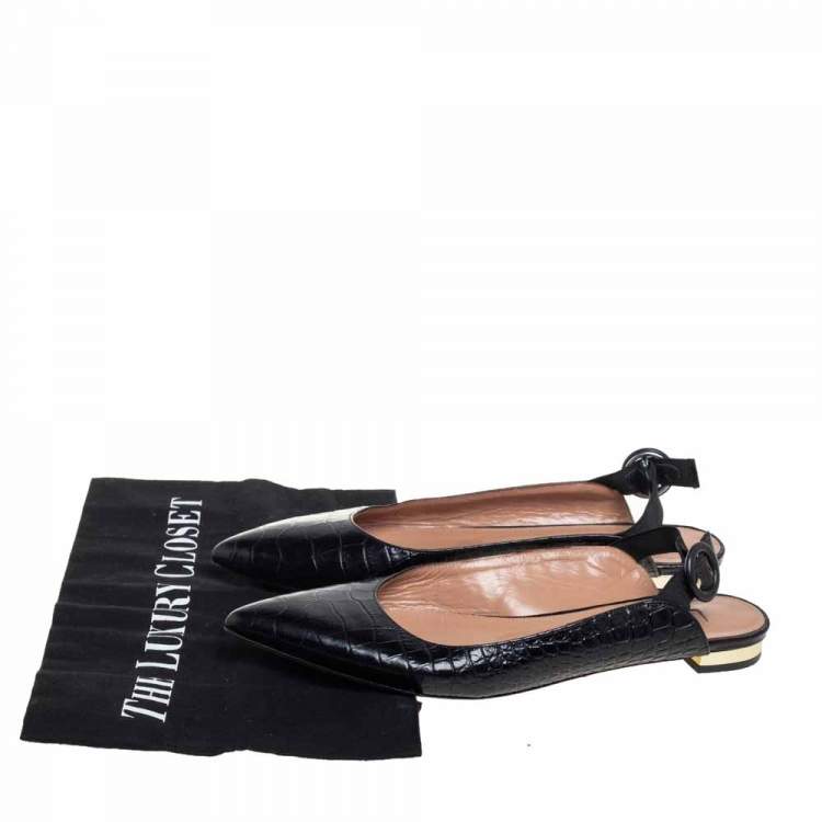 Pre Owned Aquazzura Black Croc Embossed Leather Slingback Sandals Size 36.5