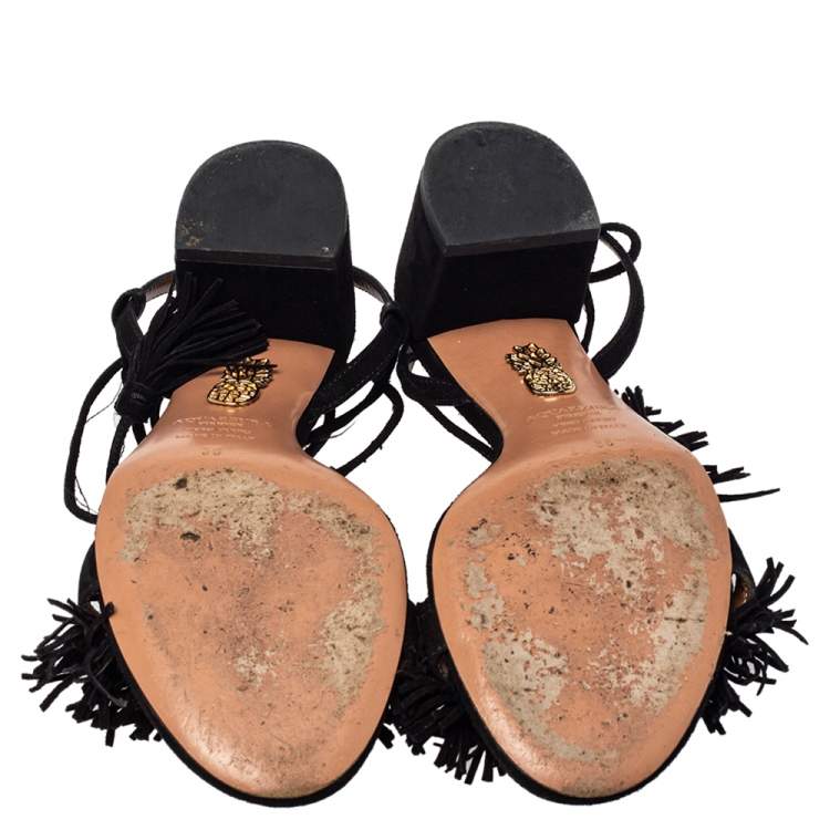 Pre Owned Aquazzura Black Suede Wild Thing Fringe Ankle Wrap Sandals Size 36
