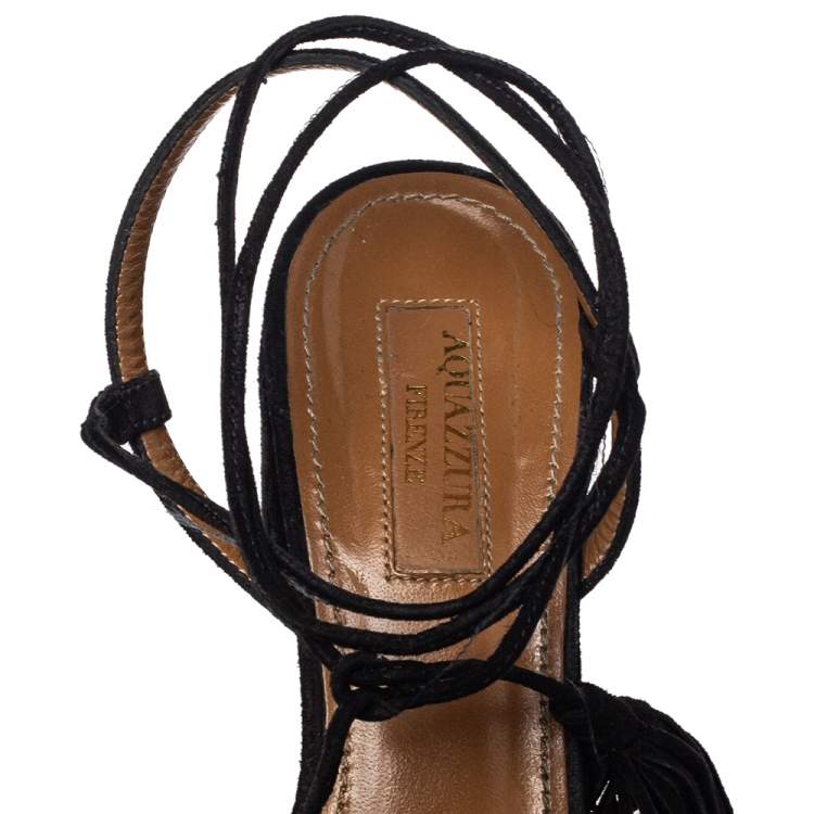 Pre Owned Aquazzura Black Suede Wild Thing Fringe Ankle Wrap Sandals Size 36