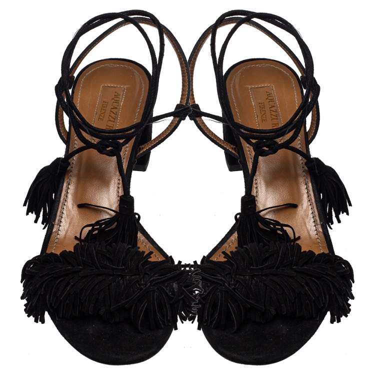 Pre Owned Aquazzura Black Suede Wild Thing Fringe Ankle Wrap Sandals Size 36