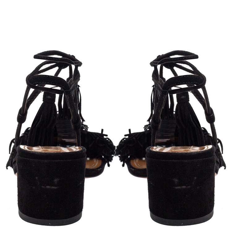 Pre Owned Aquazzura Black Suede Wild Thing Fringe Ankle Wrap Sandals Size 36
