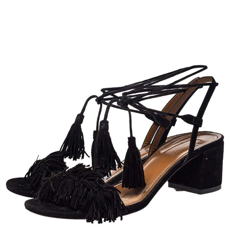 Pre Owned Aquazzura Black Suede Wild Thing Fringe Ankle Wrap Sandals Size 36
