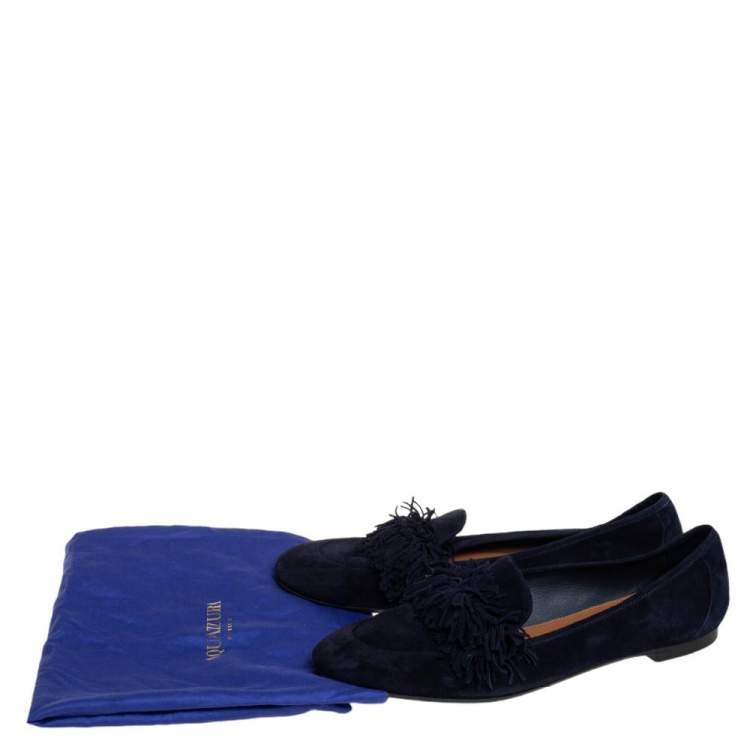 Pre Owned Aquazzura Dark Blue Suede Wild Thing Fringe Ballet Flats Size 38.5