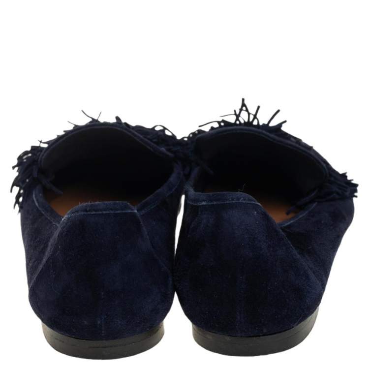 Pre Owned Aquazzura Dark Blue Suede Wild Thing Fringe Ballet Flats Size 38.5