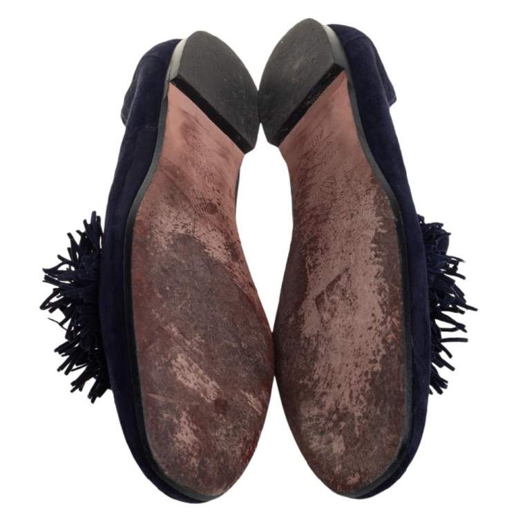 Pre Owned Aquazzura Dark Blue Suede Wild Thing Fringe Ballet Flats Size 38.5