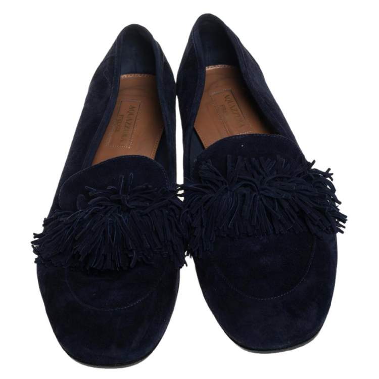 Pre Owned Aquazzura Dark Blue Suede Wild Thing Fringe Ballet Flats Size 38.5