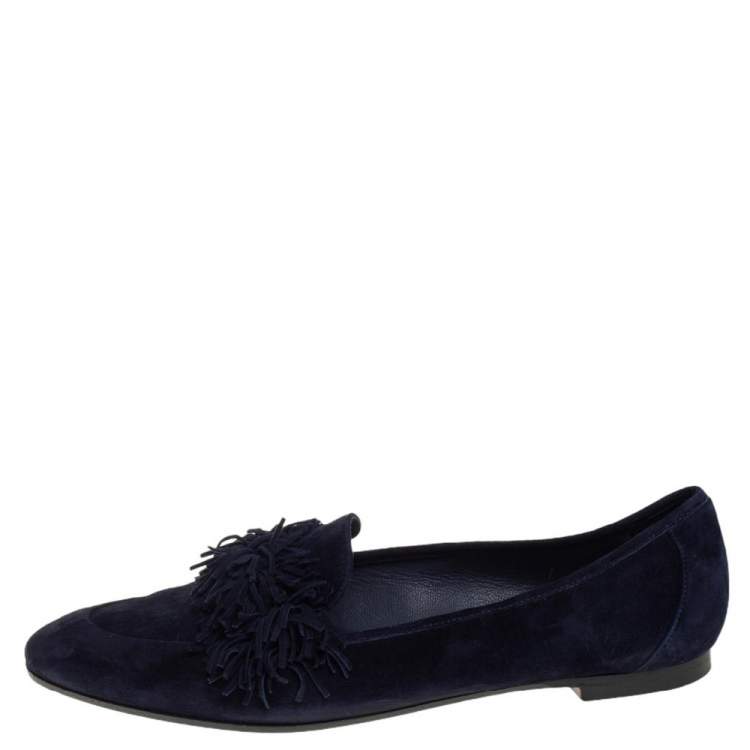 Pre Owned Aquazzura Dark Blue Suede Wild Thing Fringe Ballet Flats Size 38.5