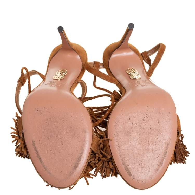 Pre Owned Aquazzura Brown Fringed Suede Wild Thing Ankle Wrap Sandals Size 38