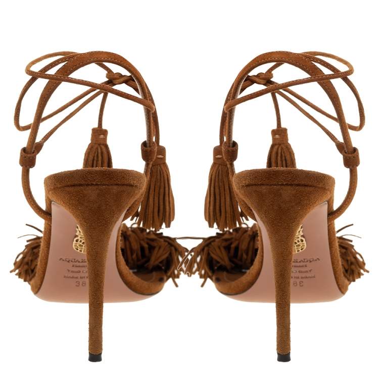 Pre Owned Aquazzura Brown Fringed Suede Wild Thing Ankle Wrap Sandals Size 38