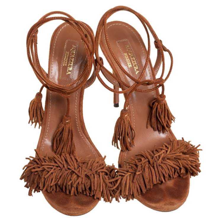 Pre Owned Aquazzura Brown Fringed Suede Wild Thing Ankle Wrap Sandals Size 38