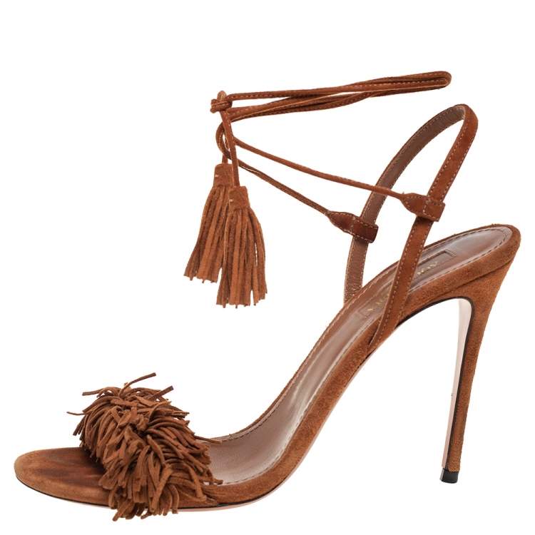 Pre Owned Aquazzura Brown Fringed Suede Wild Thing Ankle Wrap Sandals Size 38