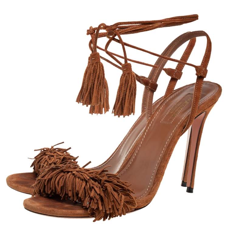 Pre Owned Aquazzura Brown Fringed Suede Wild Thing Ankle Wrap Sandals Size 38