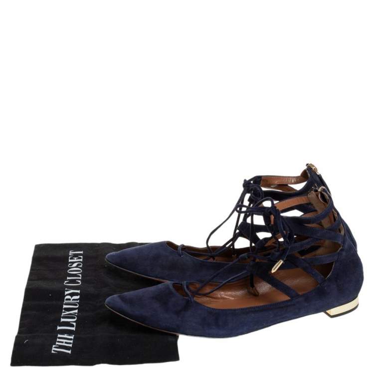 مملوكة مسبقًا Aquazzura Navy Blue Suede Lace Up  Flats Size 41