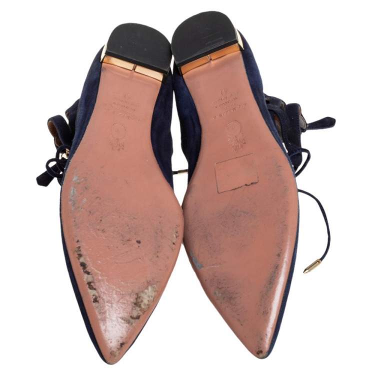 مملوكة مسبقًا Aquazzura Navy Blue Suede Lace Up  Flats Size 41
