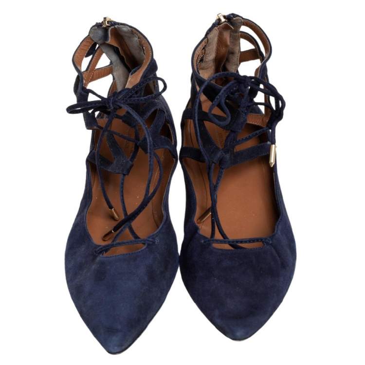مملوكة مسبقًا Aquazzura Navy Blue Suede Lace Up  Flats Size 41