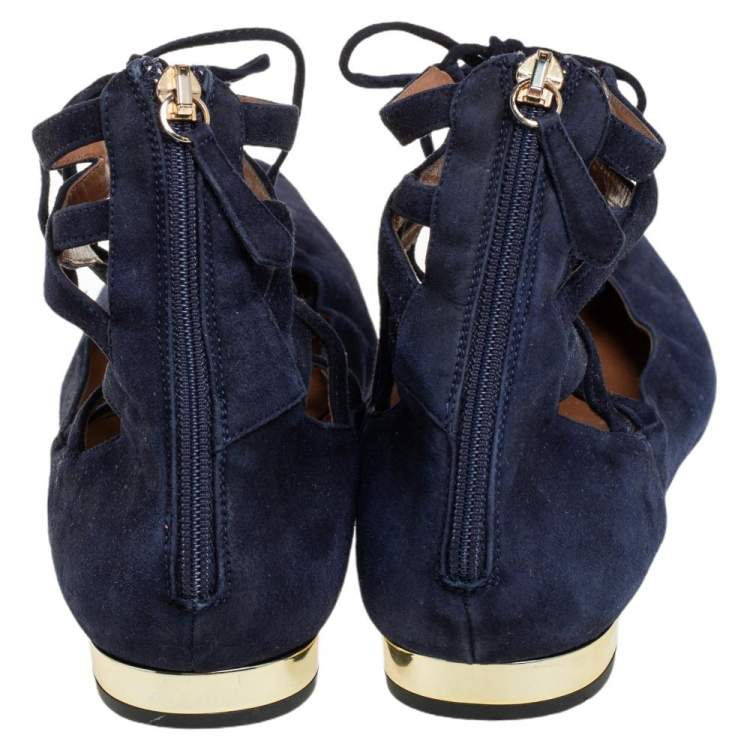 مملوكة مسبقًا Aquazzura Navy Blue Suede Lace Up  Flats Size 41