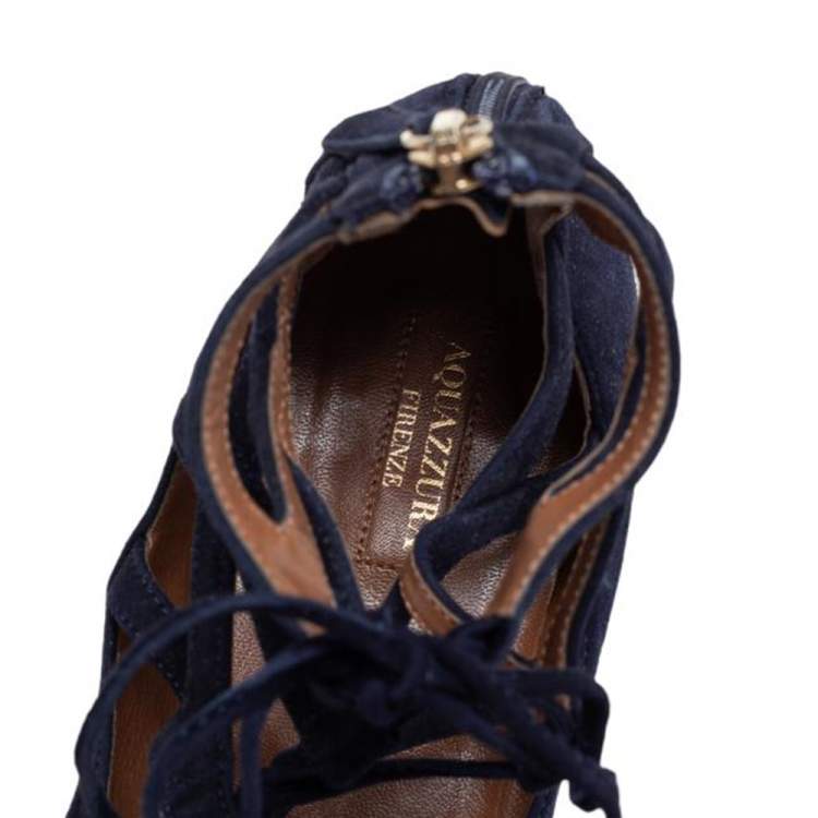 مملوكة مسبقًا Aquazzura Navy Blue Suede Lace Up  Flats Size 41