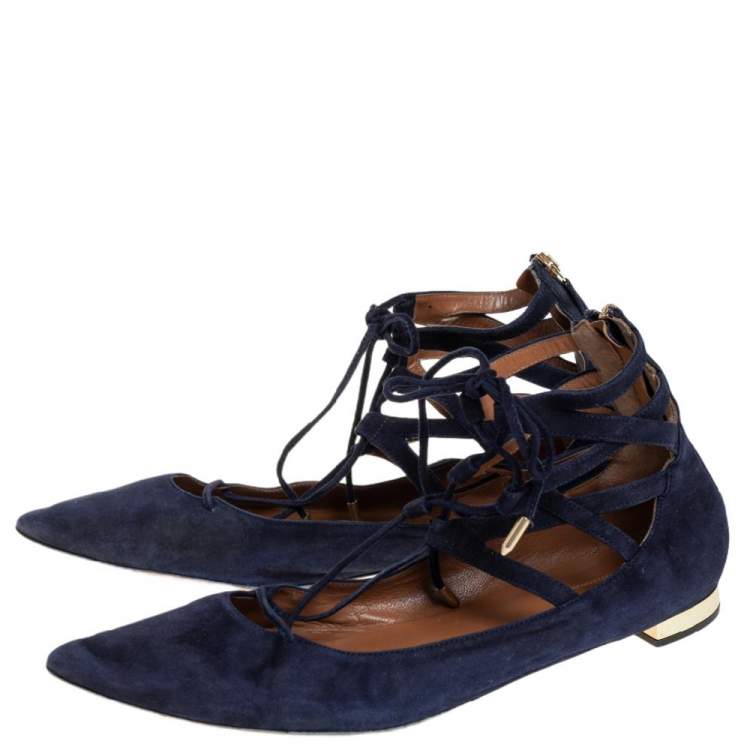 مملوكة مسبقًا Aquazzura Navy Blue Suede Lace Up  Flats Size 41