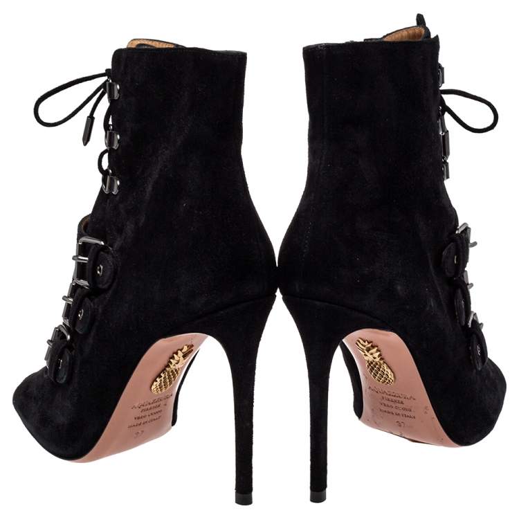 Pre Owned Aquazzura  Black Suede Lace Up Ankle Boots Size 37
