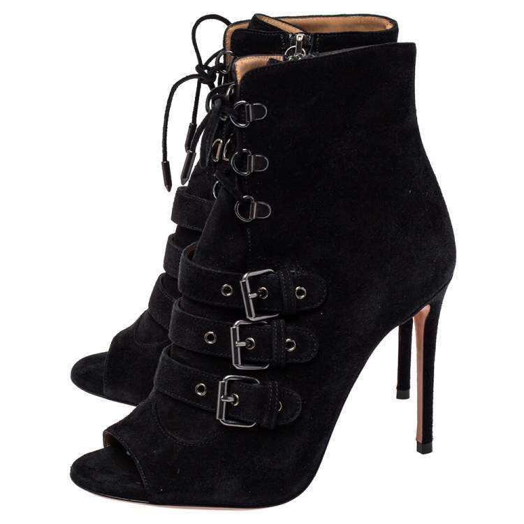 Pre Owned Aquazzura  Black Suede Lace Up Ankle Boots Size 37