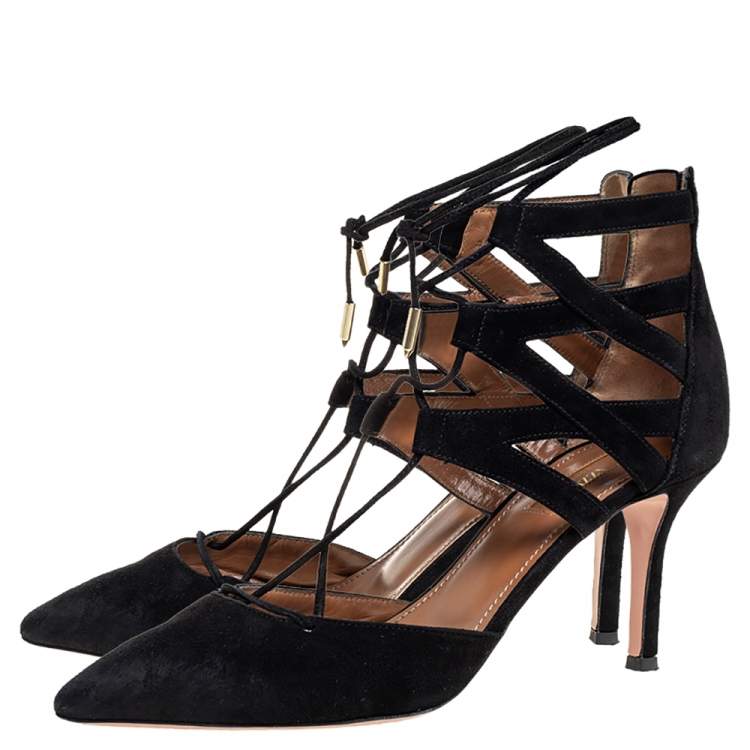 Pre Owned Aquazzura Black Suede Belgravia Lace Up Pointed Toe Pumps Size 37