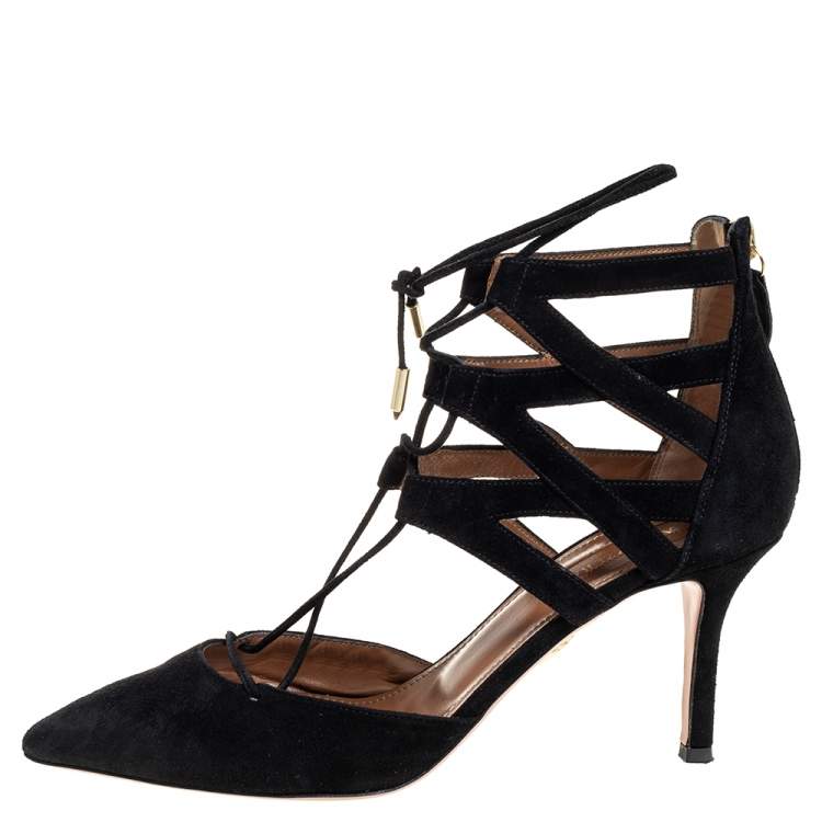 Pre Owned Aquazzura Black Suede Belgravia Lace Up Pointed Toe Pumps Size 37