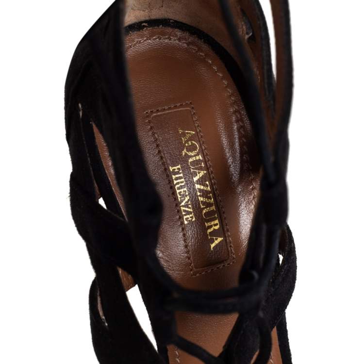 Pre Owned Aquazzura Black Suede Belgravia Lace Up Pointed Toe Pumps Size 37