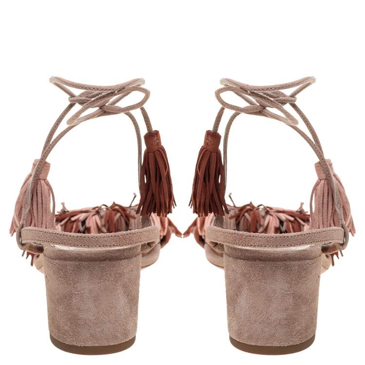 Pre Owned Aquazzura Multicolor Suede Wild Thing Fringe Ankle Wrap Sandals Size 37
