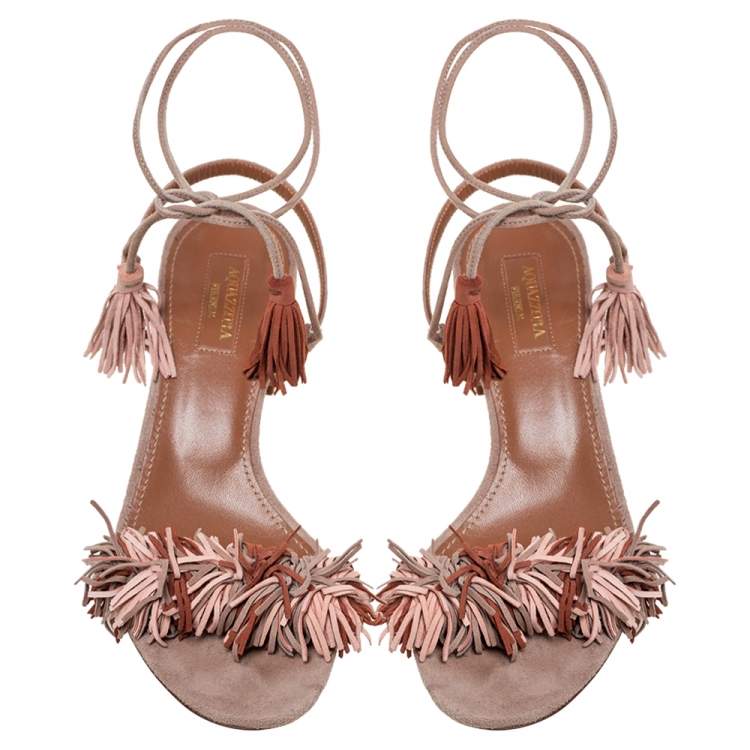 Pre Owned Aquazzura Multicolor Suede Wild Thing Fringe Ankle Wrap Sandals Size 37