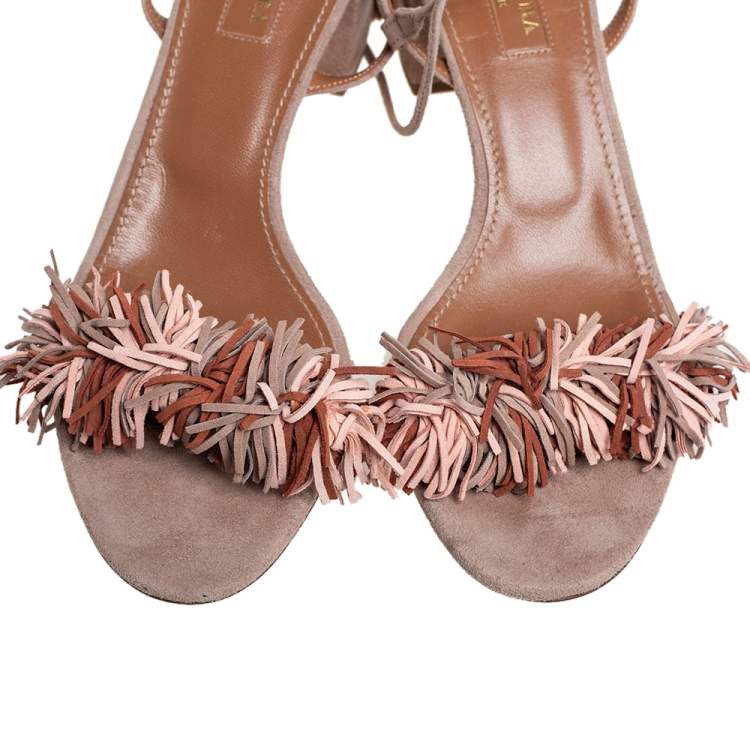 Pre Owned Aquazzura Multicolor Suede Wild Thing Fringe Ankle Wrap Sandals Size 37