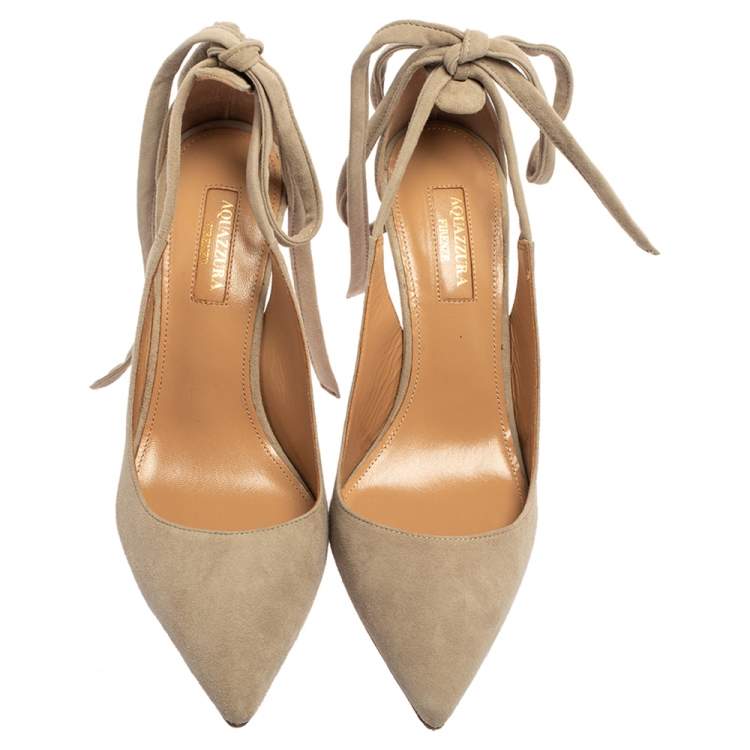 Pre Owned Aquazzura Grey Suede Bow Tie Sandals Size 37.5