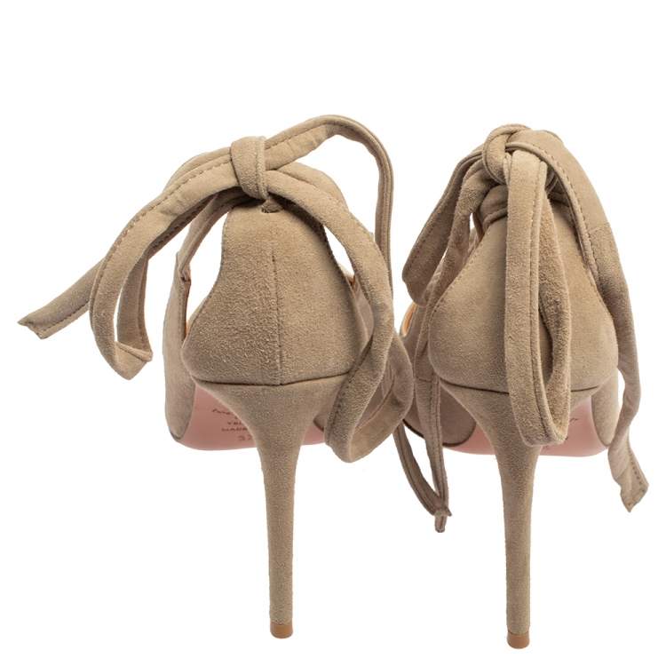 Pre Owned Aquazzura Grey Suede Bow Tie Sandals Size 37.5