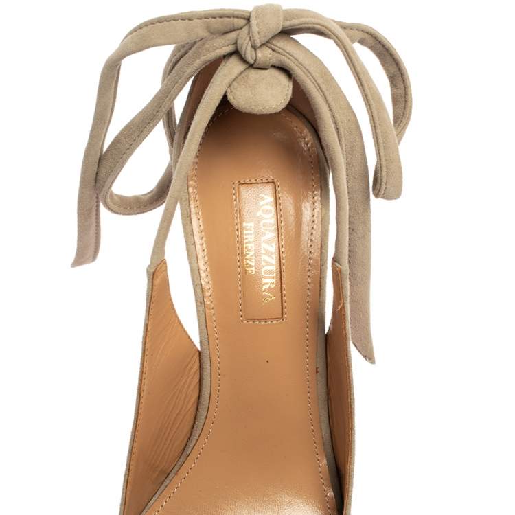 Pre Owned Aquazzura Grey Suede Bow Tie Sandals Size 37.5