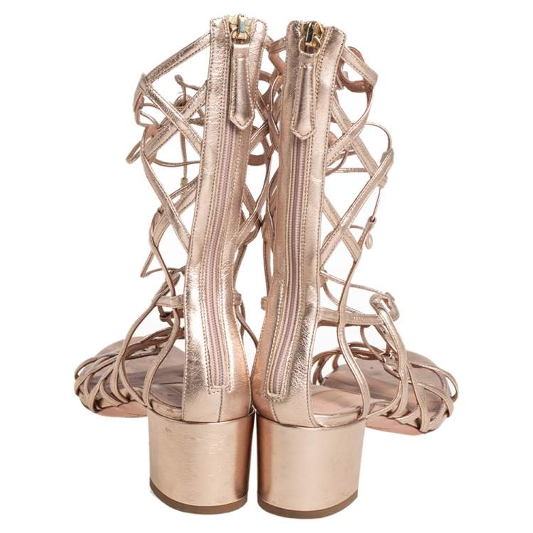 Pre Owned Aquazzura Metallic Gold Leather Mumbai Gladiator Ankle Wrap Sandals Size 37.5
