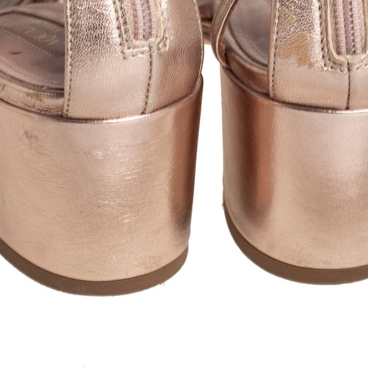 Pre Owned Aquazzura Metallic Gold Leather Mumbai Gladiator Ankle Wrap Sandals Size 37.5
