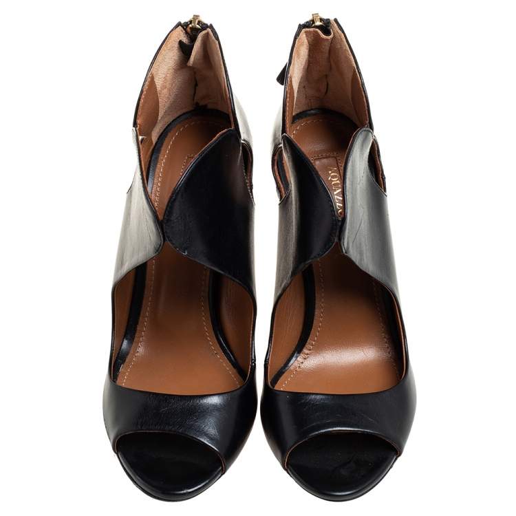 Pre Owned Aquazzura Black Leather Zipper Detail Sandals Size 35