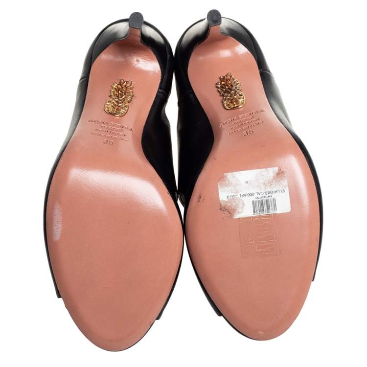 Pre Owned Aquazzura Black Leather Zipper Detail Sandals Size 35