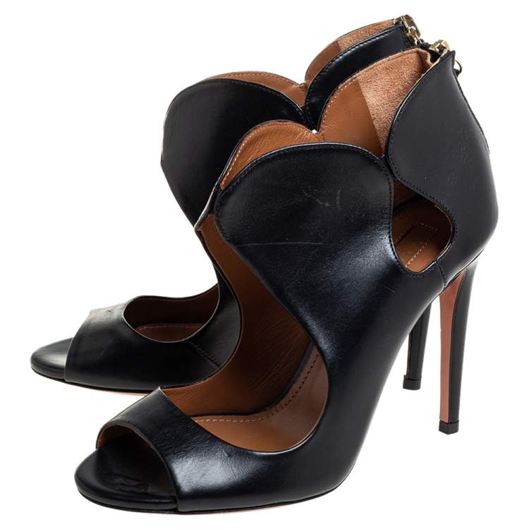 Pre Owned Aquazzura Black Leather Zipper Detail Sandals Size 35