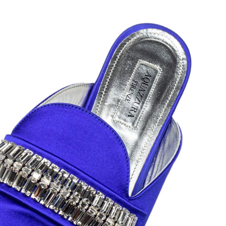 Pre Owned Aquazzura Blue Satin Embellished Flat Sandals Size 39.5