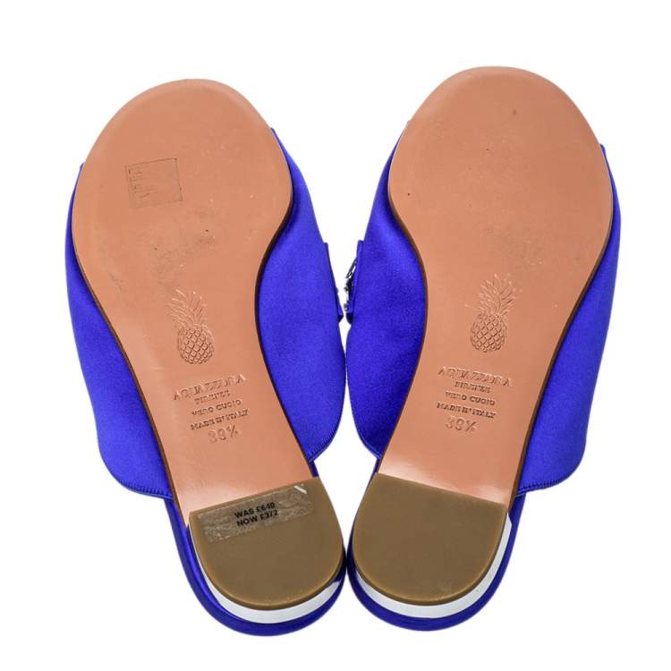Pre Owned Aquazzura Blue Satin Embellished Flat Sandals Size 39.5