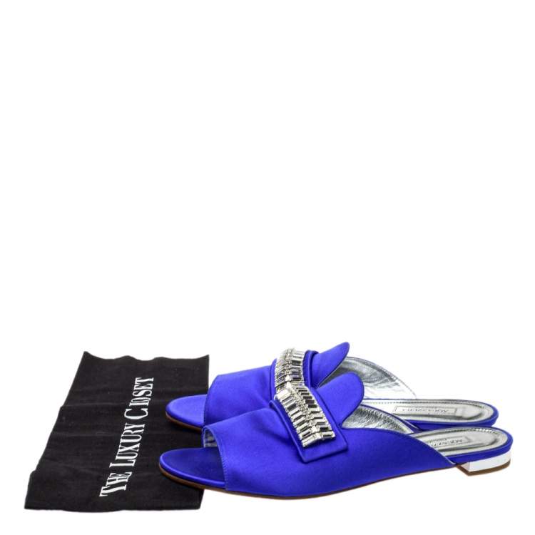Pre Owned Aquazzura Blue Satin Embellished Flat Sandals Size 39.5