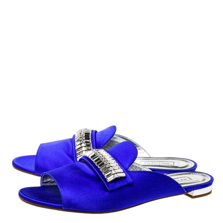 Pre Owned Aquazzura Blue Satin Embellished Flat Sandals Size 39.5