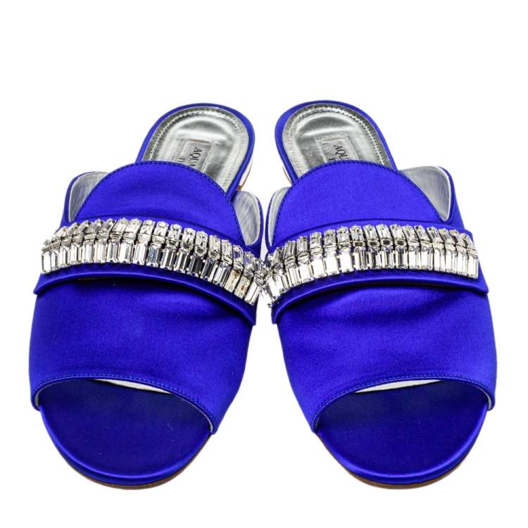 Pre Owned Aquazzura Blue Satin Embellished Flat Sandals Size 39.5