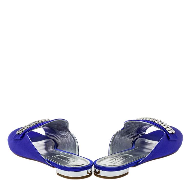 Pre Owned Aquazzura Blue Satin Embellished Flat Sandals Size 39.5