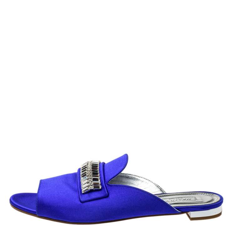 Pre Owned Aquazzura Blue Satin Embellished Flat Sandals Size 39.5