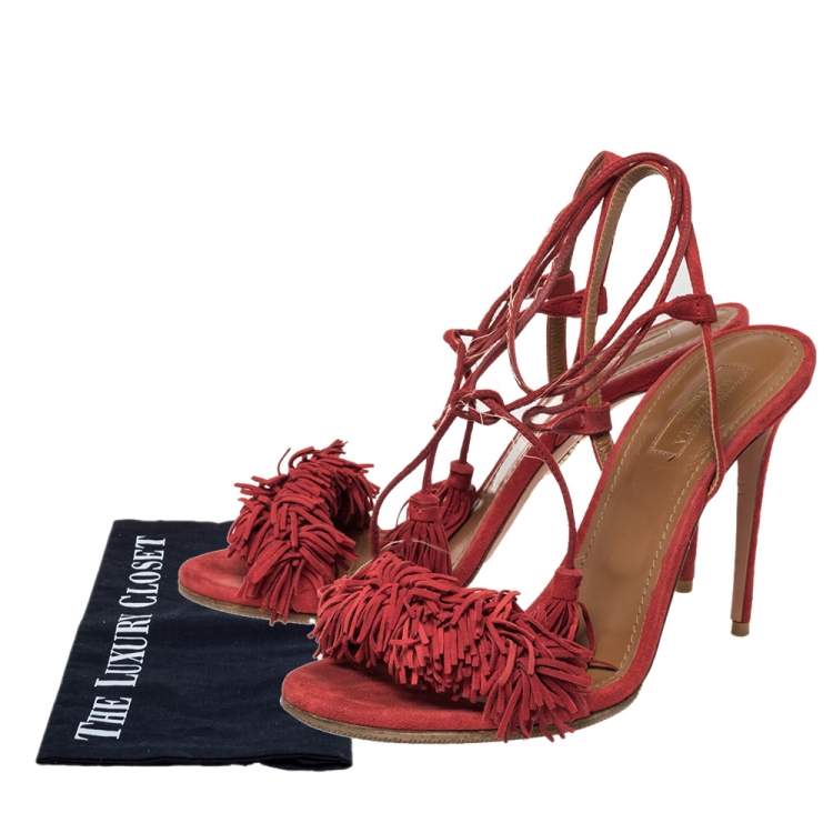 Pre Owned Aquazzura Red Suede Wild Thing Fringe Ankle Wrap Sandals Size 39