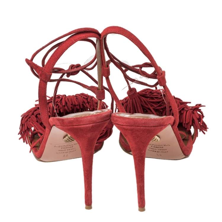Pre Owned Aquazzura Red Suede Wild Thing Fringe Ankle Wrap Sandals Size 39
